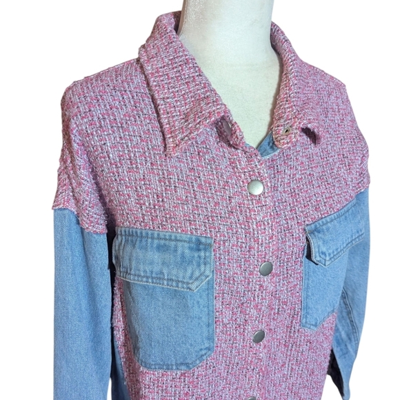 Umgee Tweed Jacket Pink/ Blue Denim Fringe Hem Cotton Hippie Festival Sz M - Picture 3 of 11